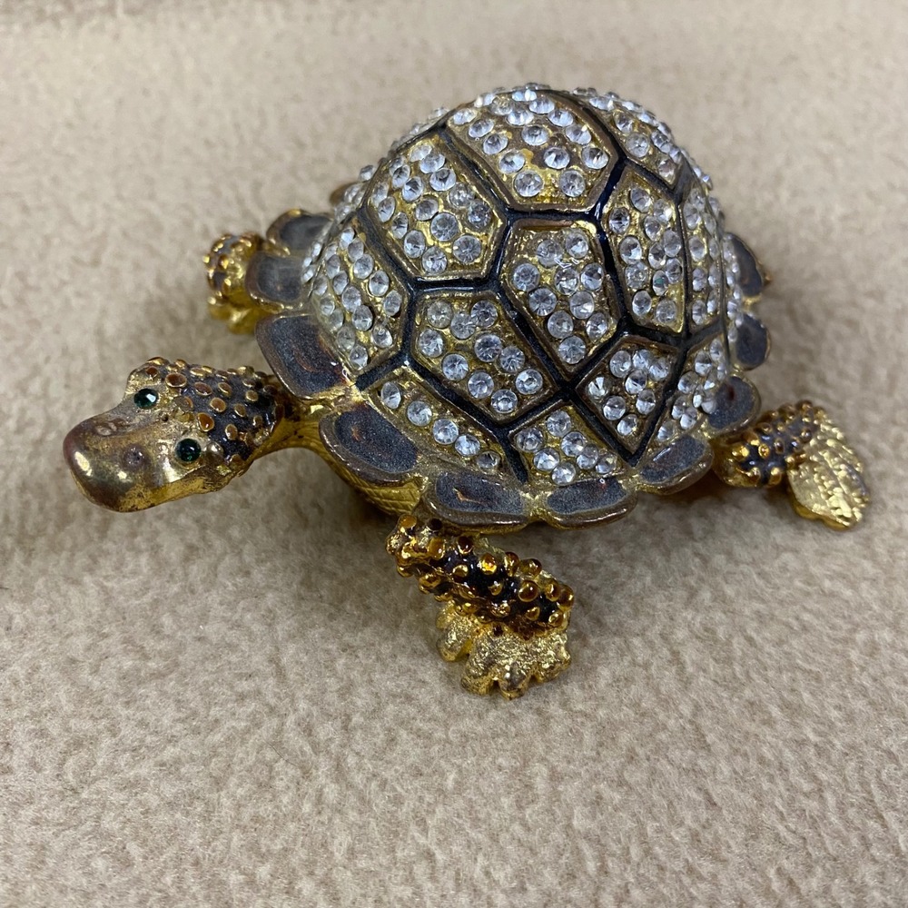 Sparkling Crystal Turtle Jewelry Trinket Box Hinged Gold Tone Enamel Gem Eye New